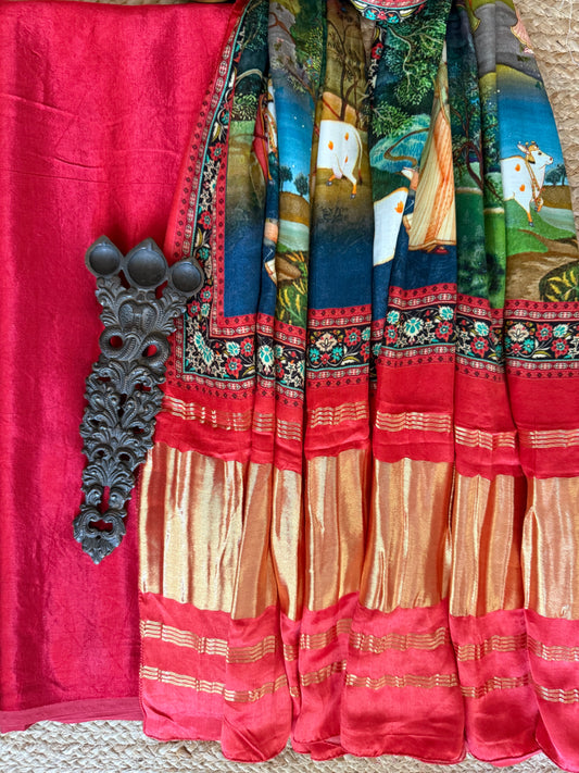 Red solid mashru silk kurta with patola handcrafted modal silk dupatta ps-215
