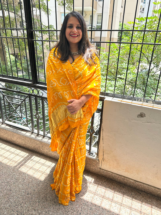 Bright yellow gajji silk rai bandhani  gharchola sari  bs- 25