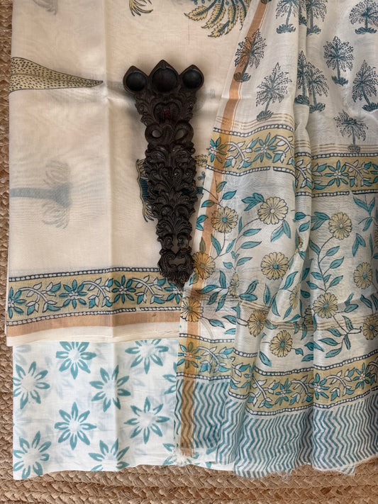 White & blue chanderi handblock suit set