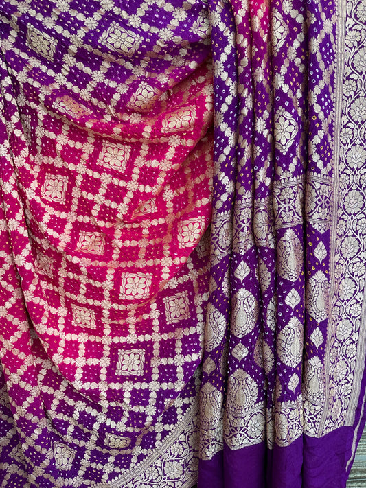 Purple pink handwoven neem zari bareek bandhani saree with khaddi georgette