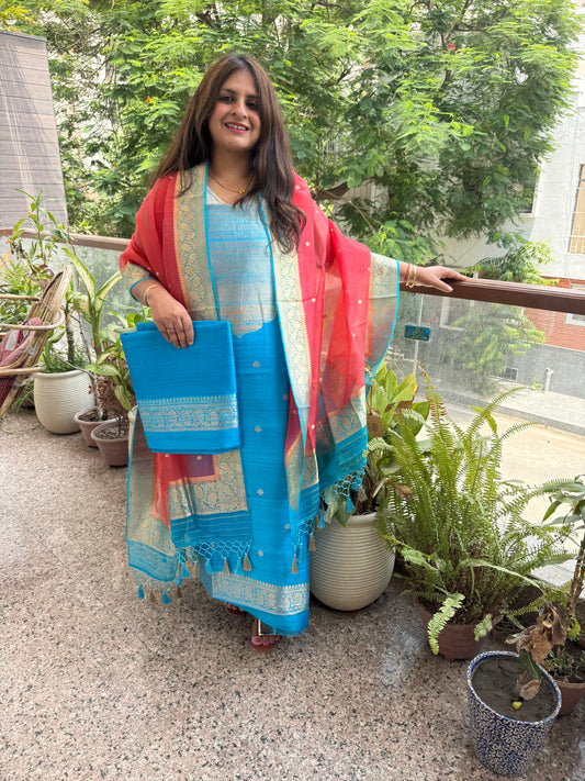 Turquoise blue raw silk certified handloom banarsi kadwa butti with woven zari three piece suit