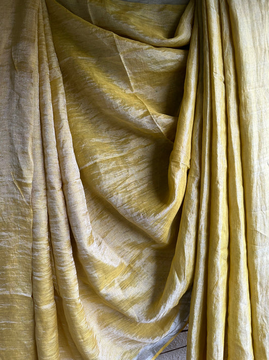 Golden yellow metallic  linen sari with woven  border &amp;  tassels
