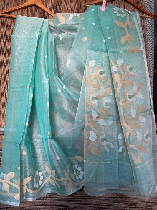 Mint green jamdani handwoven pure muslin silk sari