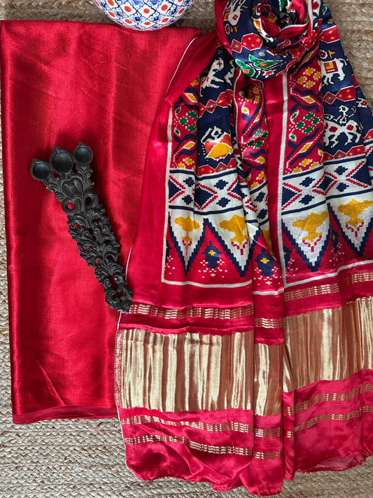 Red solid mashru silk kurta with patola handcrafted modal silk dupatta ps-7