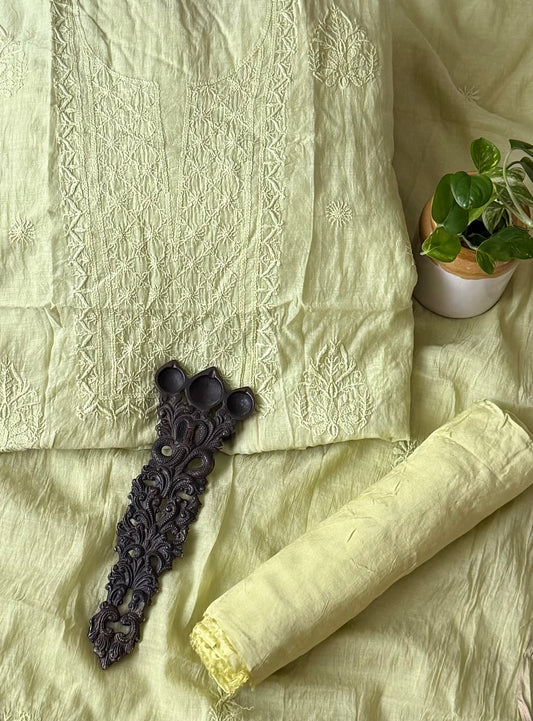 Pastel green premium  chanderi cotton lucknowi chickenkari hand embroidery three piece suit