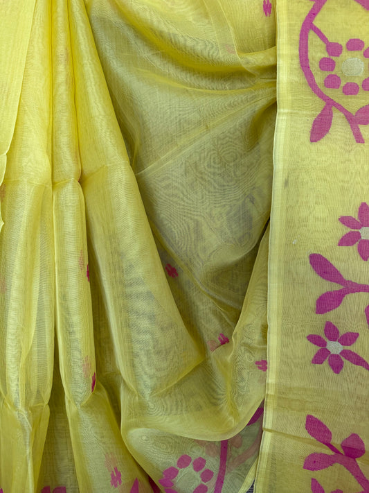 Sunshine yellow jamdani handwoven pure muslin silk sari