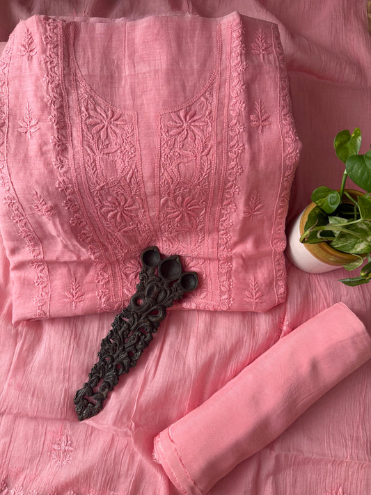 Salmon pink premium  chanderi cotton lucknowi chickenkari hand embroidery three piece suit