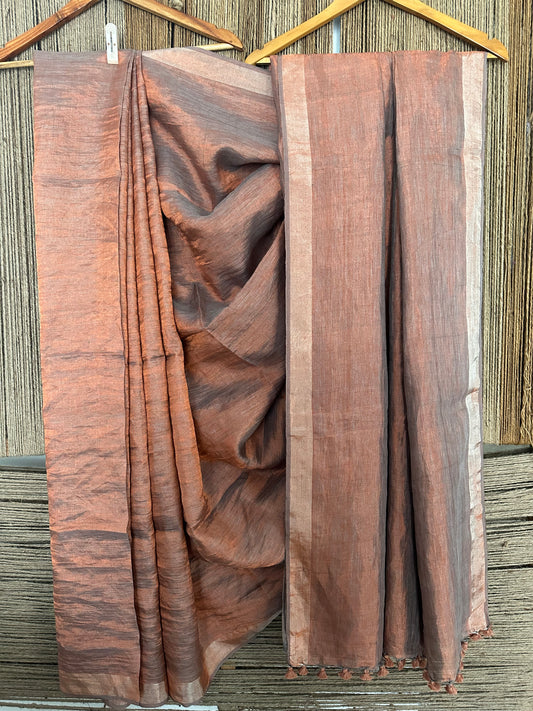 Powder  blue copper metallic  linen sari with woven  border