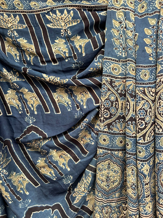Indigo modal silk ajrakh zari border sari