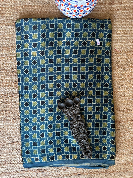 Indigo blue mashru ajrakh handcrafted silk fabric