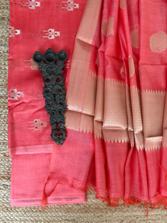 Watermelon Pink chanderi handloom  banarsi booti three piece suit