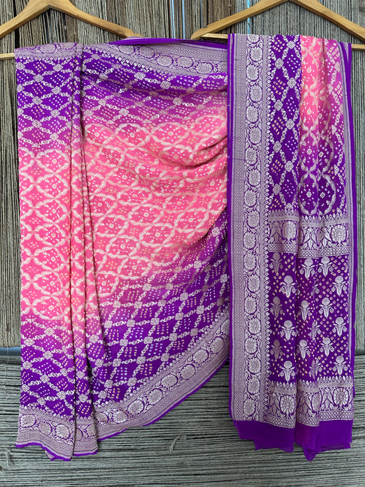 Light pink & purple dual shade handwoven neem zari bareek bandhani saree with khaddi georgette bs- 7