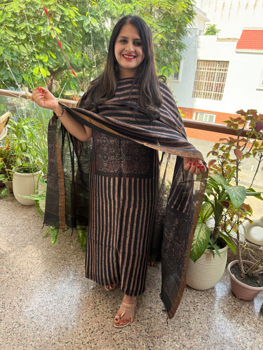 Black ajrakh linen silk handblock suit set