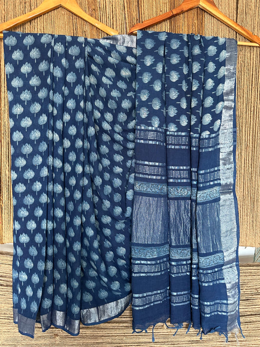 Indigo akola linen zari woven handblock sari