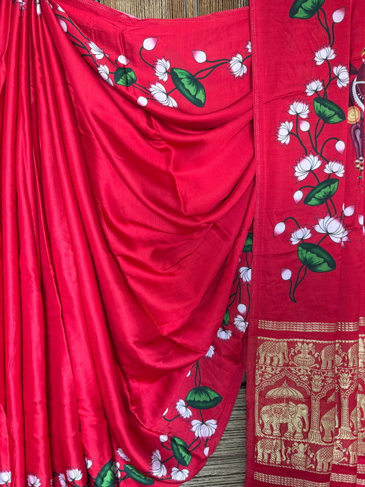 Red pichwai modal silk print sari with zari border pms- 107