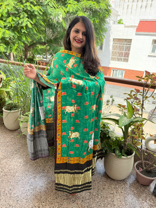Black zigzag mashru silk kurta with  patola pichwai handcrafted modalsilk dupatta ps-243