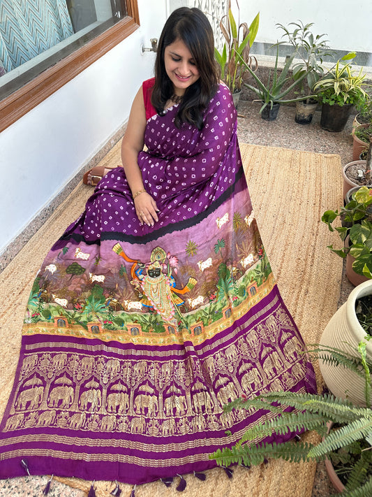 Purple modal silk bandhani  sari with pichwai print bps 15