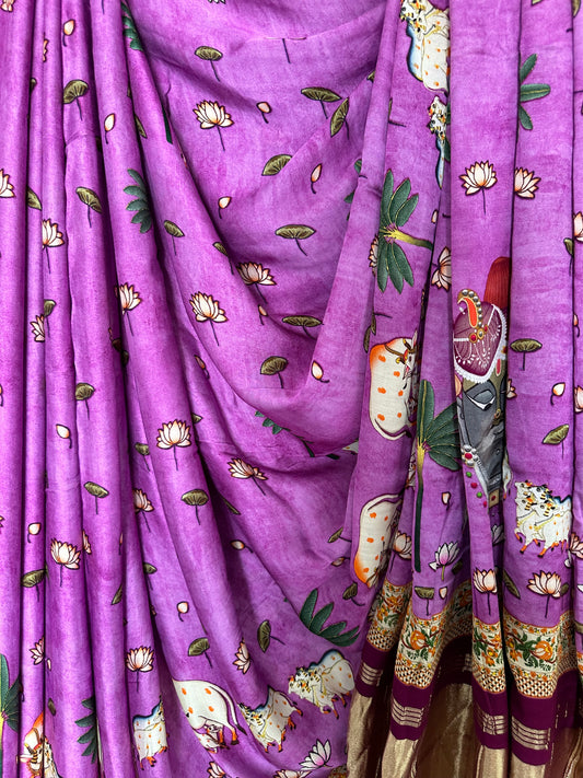 Purple pichwai  modal silk patola print sari with zari border pms- 1043