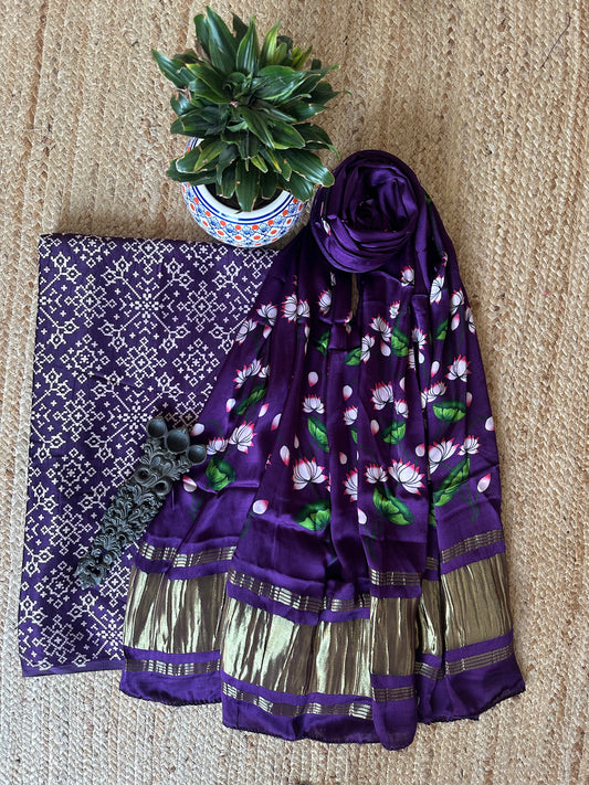 Violet purple mashru  silk kurta with patola handcrafted modal silk dupatta ps - 1047