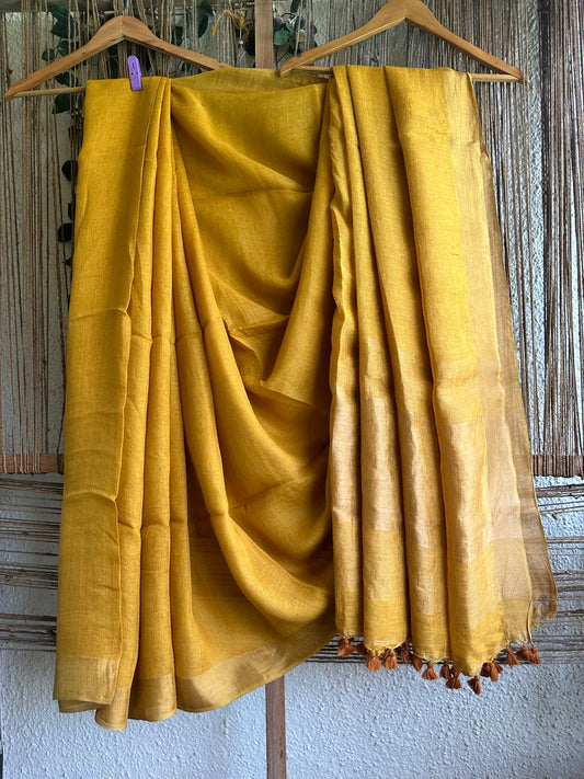 Mustard linen cotton sari with woven yellow border