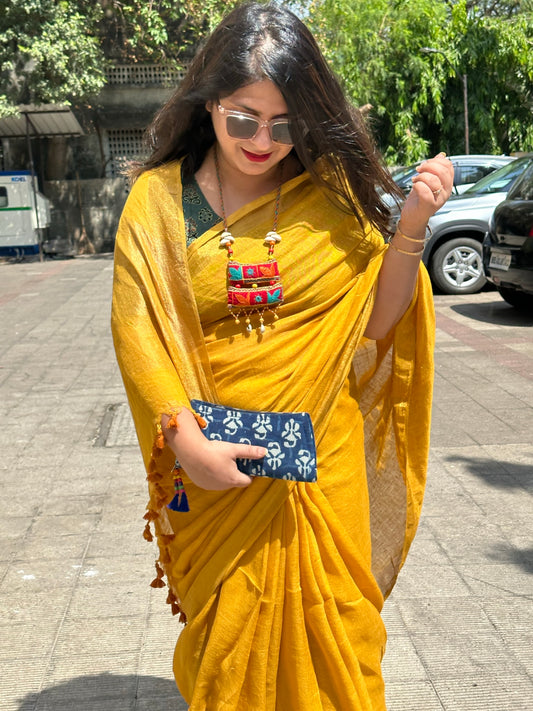 Mustard linen cotton sari with woven yellow border