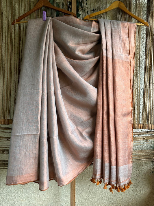 Light brown linen zari sari with woven brown border &amp;  tassels