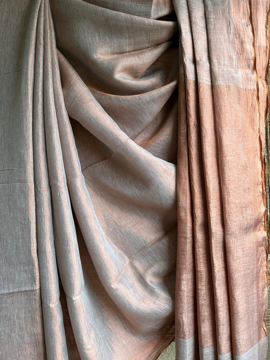 Light brown linen zari sari with woven brown border &amp;  tassels