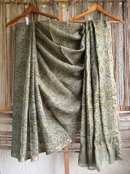 Mehndi green  kota print with ajrakh handblock sari