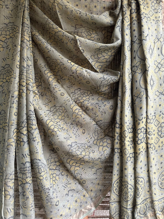 Mehndi green  kota print with ajrakh handblock sari