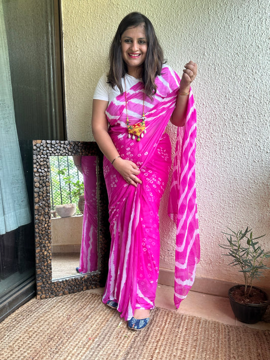 Pink leheriya  bandhani chiffon sari cl- 98