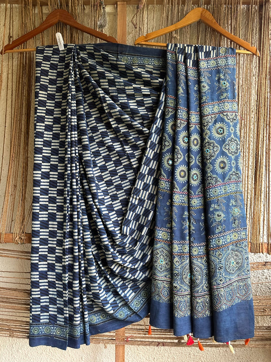 Indigo check  cotton  ajrakh handembroidery  sari