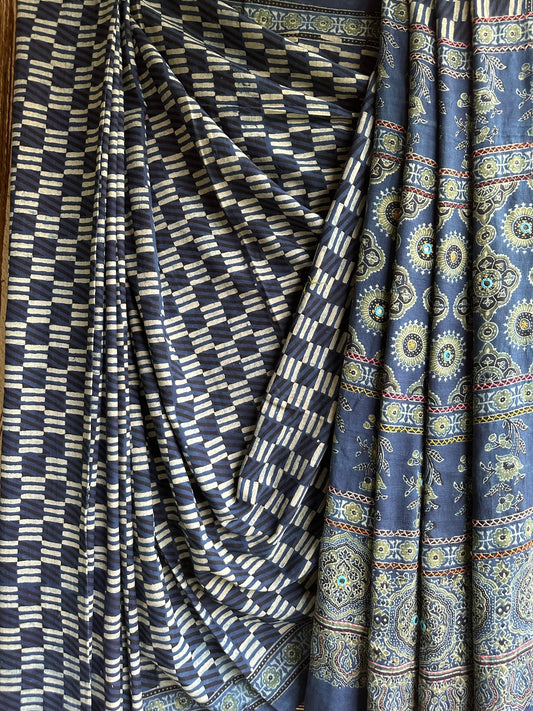 Indigo check  cotton  ajrakh handembroidery  sari