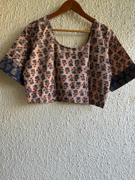 Cream and blue  cotton blouse with wooden button