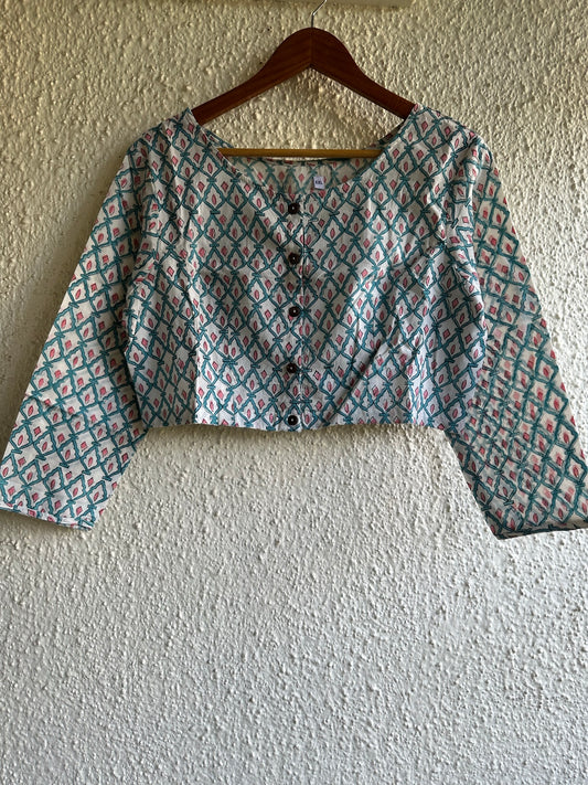 White and sea green  cotton blouse with wooden button