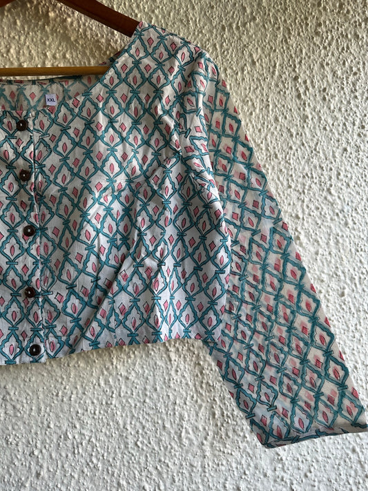 White and sea green  cotton blouse with wooden button