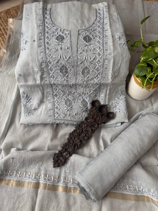 Steel grey shade premium mull chanderi lucknowi chickenkari with moti work hand embroidery three piece suit