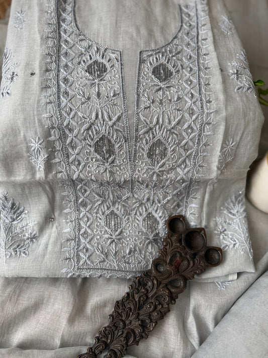 Steel grey shade premium mull chanderi lucknowi chickenkari with moti work hand embroidery three piece suit