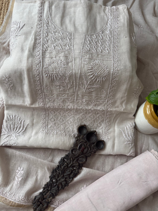 Cloud grey  mull chanderi lucknowi chickenkari with moti work hand embroidery three piece suit