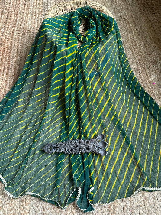 Bottle green mustard chiffon leheriya dupatta