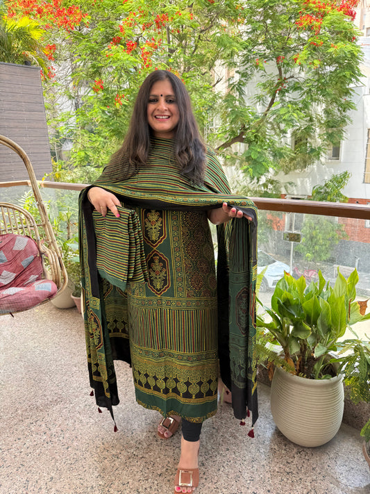 Bottle green   ajrakh modal silk handblock kurta set