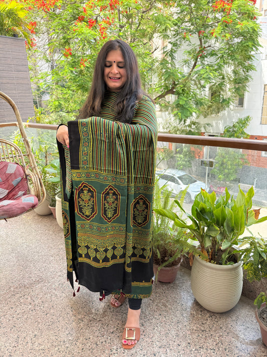 Bottle green   ajrakh modal silk handblock kurta set