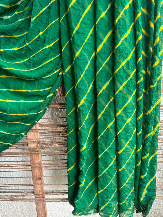 Bottle green  multi leheriya handcraftedchiffon sari  cl-52