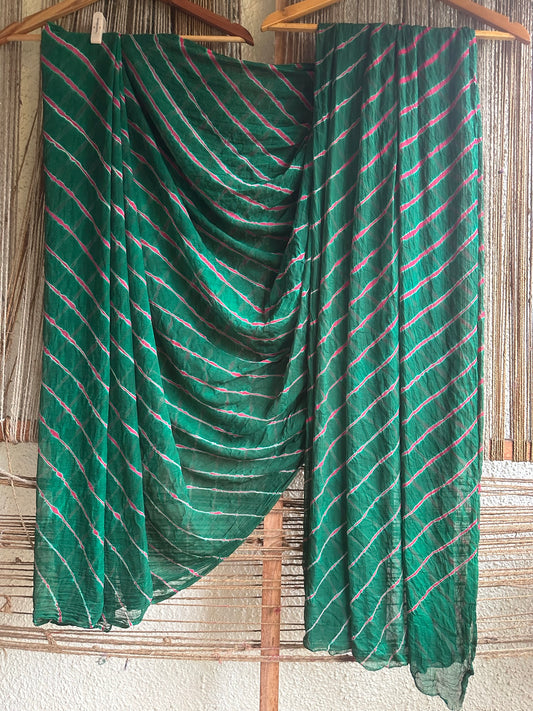 Bottle green  multi leheriya handcraftedchiffon sari