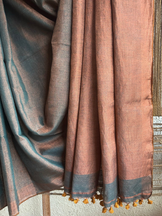 Blue tissue  linen tissue sari with zari woven border & white tassels and palla