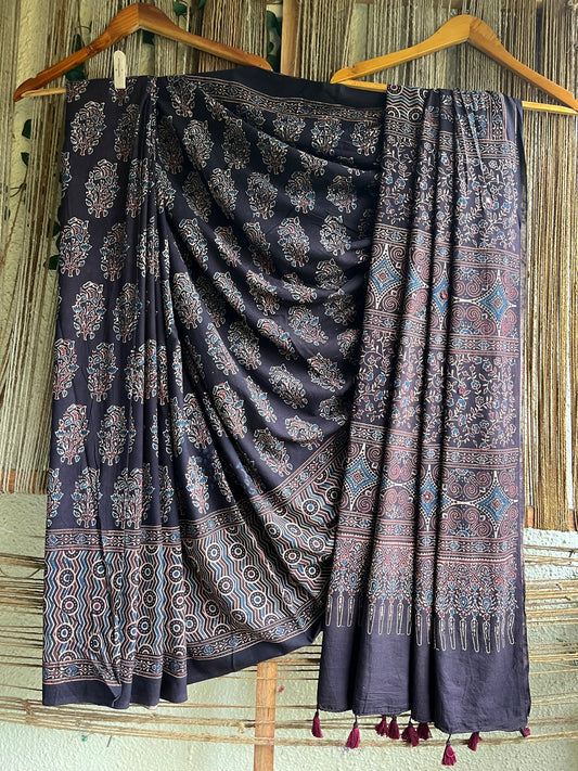 Black cotton ajrakh handembroidery sari