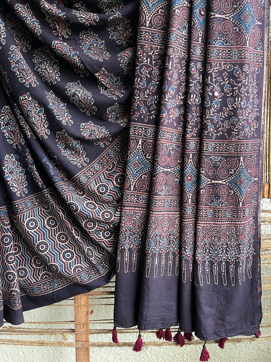 Black cotton ajrakh handembroidery sari