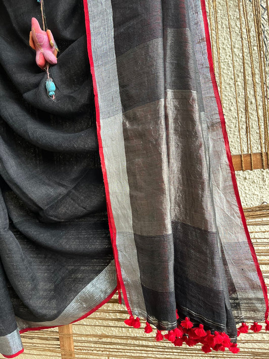 Charcoal black linen cotton sari with woven red border & tasels and palla