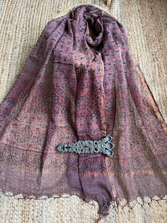 Thulian red & black and maroon print kota ajrak handcrafted dupatta