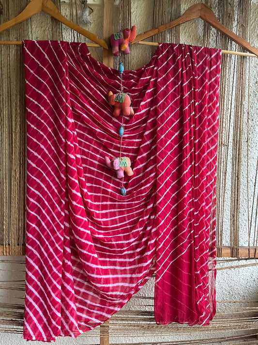 Maroon white leheriya  chiffon sari