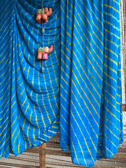 Blue multi leheriya handcrafted  chiffon sari